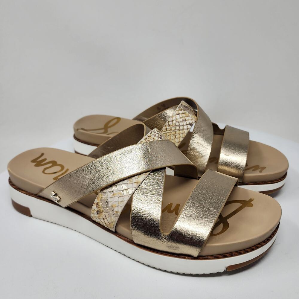 Sam Edelman Ariele Slide Sandals Women 10M Metallic Gold Snake Emboss Leather